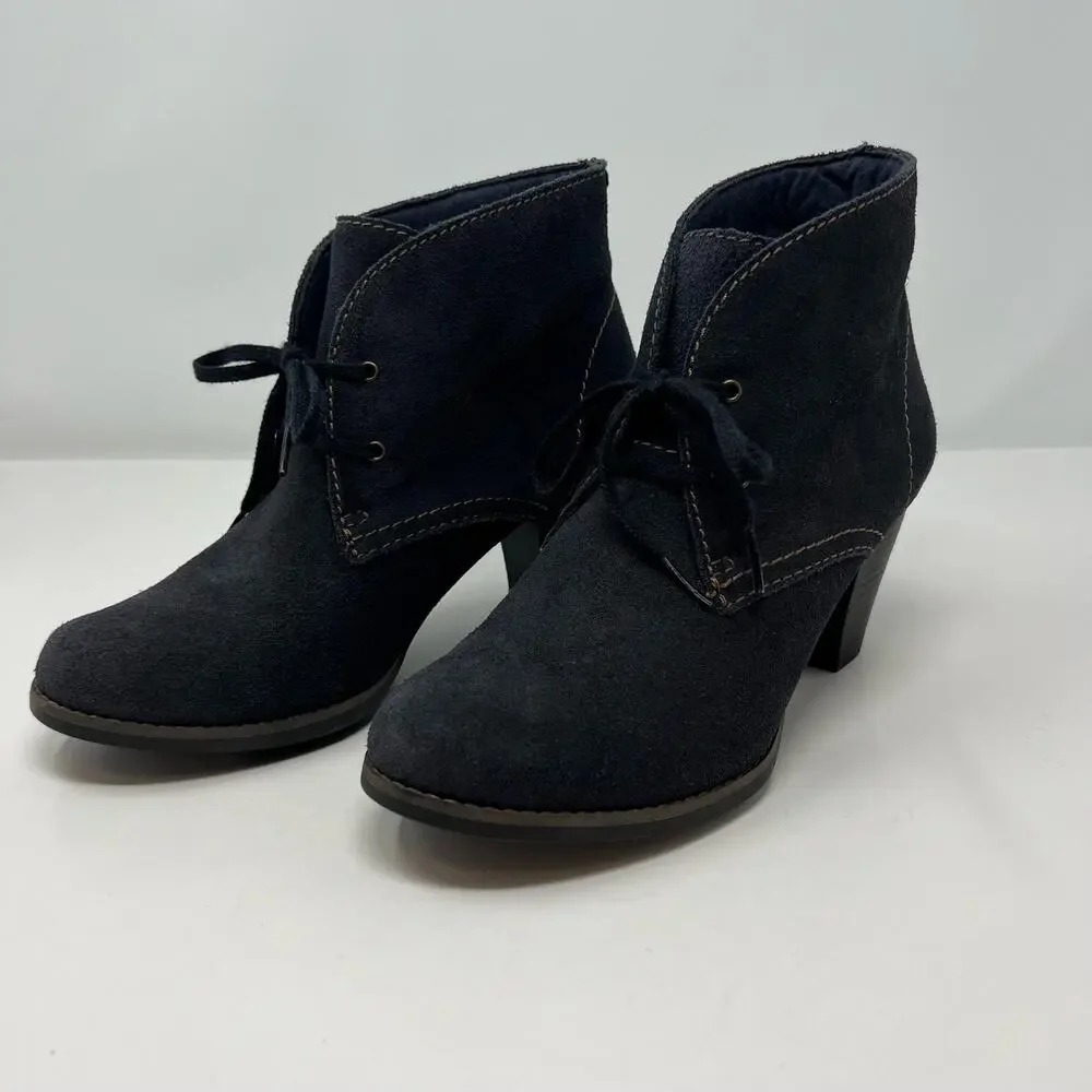 Clarks Booties Women's 8.5M Dark Blue Suede Leather Lace-Up Heel Preppy Romantic - Picture 2 of 11